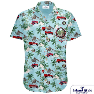 Walker Fire Department custom tropical shirt with light blue base, red fire trucks, palm trees, and department logo for men and women.