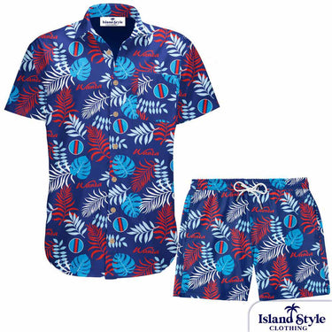 Wanda Surf Lifesaving Club custom shirt and shorts set with navy blue base, red and white leaf print, and club logos by Island Style Clothing.