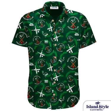 West Yorkrakine Cricket Shirt – 100 Year Anniversary Design featuring bottle green fabric with cricket bats, emu leaves, and club logos. Custom sports uniform celebrating West Yorkrakine CC's centenary.