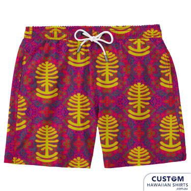 This year we supplied 3 different mens swim shorts for one of our local festivals and a Mens Hawaiian Shirt. We are based on the Sunshine Coast, QLD and Woodford has been a favourite of ours to visit for many years. A very funky Aussie print main image is a Bunya tree. These were available for sale in their merch tent. Custom Swim Shorts A soft 4-way stretch poly/lycra blend