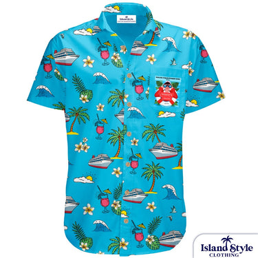 Blue Hawaiian shirt with tropical patterns on a white background