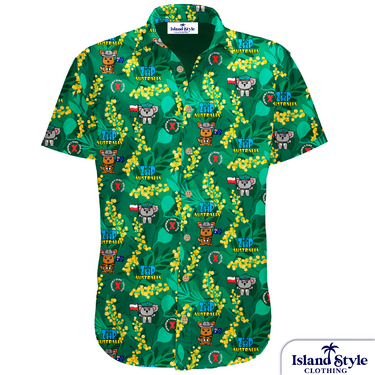 ZHP Australia Scouts Group USA Jamboree custom shirt with koala and kangaroo mascots, green wattle print, and scout logos in rayon fabric.