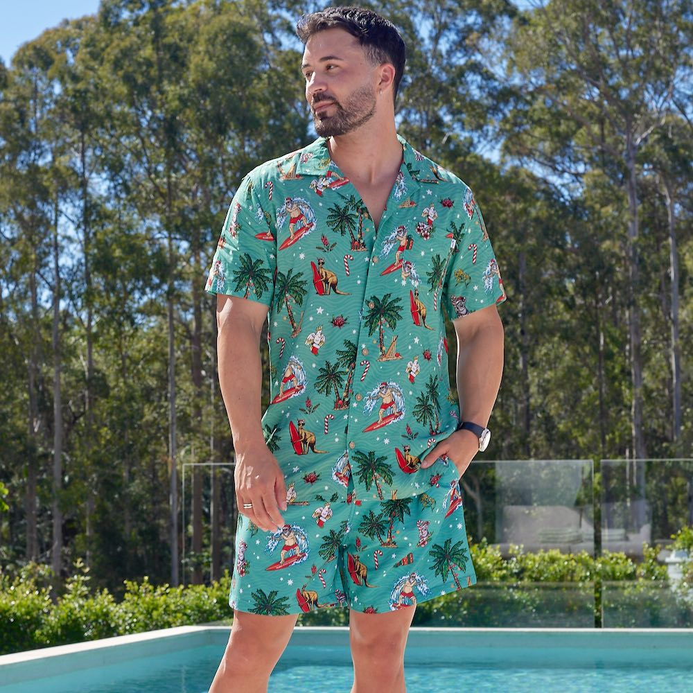 Be the life of the Christmas party in this Aussie green festive shirt & shorts combo. With a unique, eye-catching colour combination, you'll stand out in the crowd and be the envy of your friends! Perfect for the holidays and beyond!