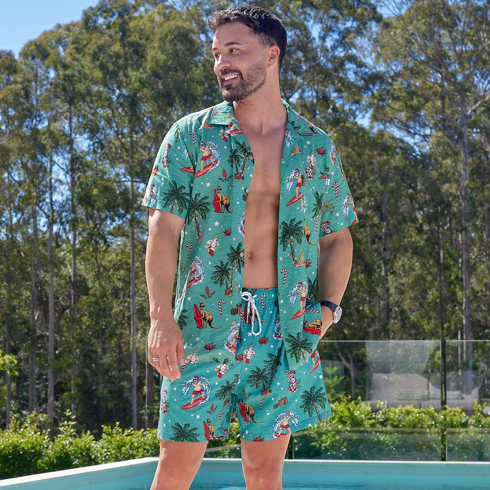 Be the life of the Christmas party in this Aussie green festive shirt & shorts combo. With a unique, eye-catching colour combination, you'll stand out in the crowd and be the envy of your friends! Perfect for the holidays and beyond!