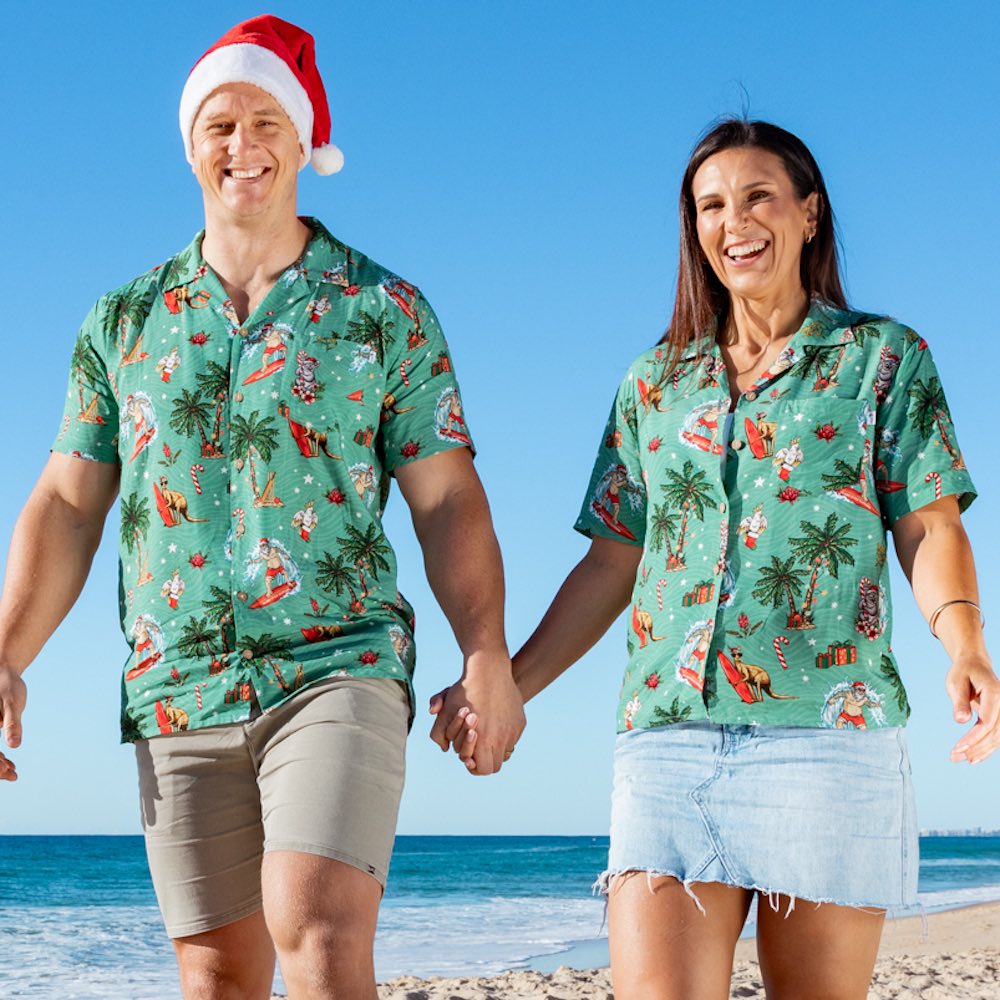 Lookin' for a festive outfit you and your special someone can both rock? Aussie Christmas Green has got you covered! Our matching mens and womens festive shirts are made from 100% rayon, and feature a striking green base with a surfing Santa, Aussie animals, and more.  And don't forget, we got the kiddos too – matching bucket hats and shirts included! Get your matchy-matchy on this Christmas!