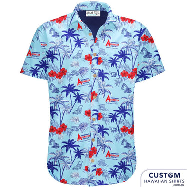 A Tool Shed Inc. Custom Hawaiian Shirt: Where Work Meets the Tropics A unique blend of professionalism and paradise. This Custom Hawaiian Shirt is more than a uniform; it's a statement. Picture palm trees swaying in serene blue shades, seamlessly intertwined with the tools of the trade and the distinctive A Tool Shed logo. 100% Cotton Mens & Womens Shirts