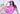 Woman wearing a pink outfit with bottle print and matching hat on a white background