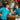 Two men in matching blue shirts with colorful patterns are standing at a bar, holding drinks.