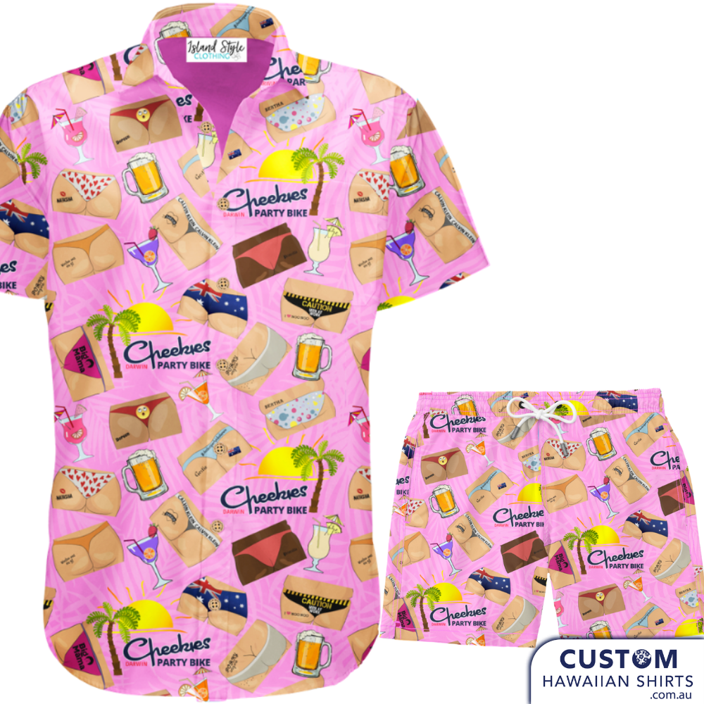 Cheekies shows us a whole new side to the Aloha game - the backside. Our friends were over the moon with this naughty number. We designed these super fun Hawaiian shirts and shorts for 'Cheekies Bike Bar' in Darwin. The perfect uniform and merch for their brand. What a great souvenir to take home from your tropical holiday in the NT. 100% Soft Rayon 1 x chest pocket Coconut shell buttons Also pink version