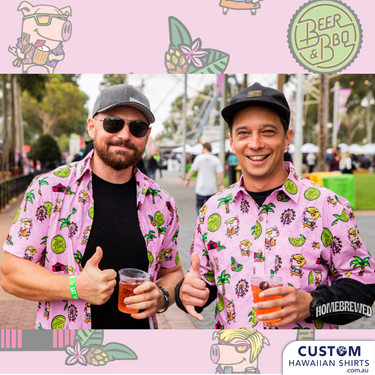 Beer & BBQ Festival loving their Custom Hawaiian Shirt & Shorts sets and topped them off with matching Hawaiian Shirts and Shorts. Wicked festival merch. Hawaiian Shirts Matching Shorts