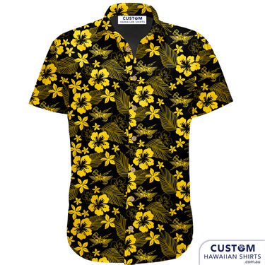 5th Anglico, Marines - USA - Custom Military Hawaiian Shirts. Their second edit with a fresh new design. Florals with a black base featuring their insignia. What a ripper! Off Duty Essentials 100% Cotton Hawaiian Shirts