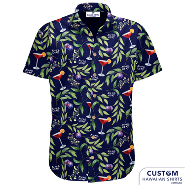 Autonomy Distillery in Melbourne had lots of ideas for their new uniforms. We think it looks fab with the dark navy base, olive leaves, olives and of course the classic cocktail glass. Custom Hawaiian Shirts Soft touch rayon Coconut embossed buttons