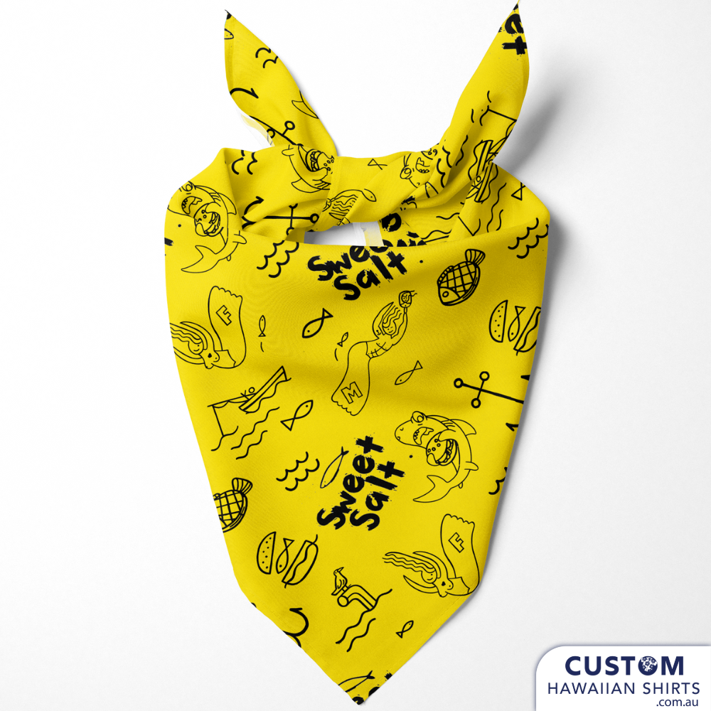 Accessorise your Aloha shirt with a badass bandana. Wrap around your head, your neck, your purse, or your pet! Furry friends can get in on the Aloha action too! We design Custom Bandanas for Pets(or Humans). Made to match with your shirts. We can add your logo and graphics of your choice. Add some matching shirts, shorts or bucket hats to dress your whole crew/club and supporters.