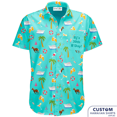 BJ's 30th Birthday - Custom Hawaiian Face Shirts. Fun and festive destination shirts with your loved ones face on it. Perfect shirts for parties, cruising and special milestone birthdays and anniversaries. 100% Soft Rayon Open Collar Top Pocket Coconut Buttons