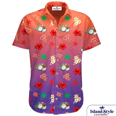 Family celebration FNQ customised Hawaiian shirt with tropical floral and coconut print in red to purple gradient. Ideal for coordinated family events.