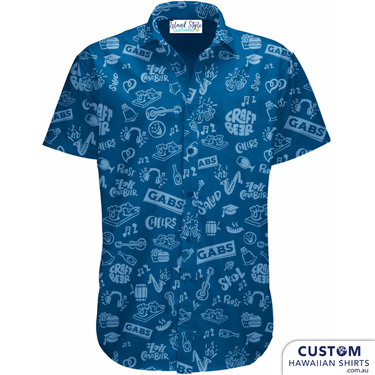 Gabs Fest this year wanted some custom shirts for merch and uniforms and they sent in this cool design. Easy as! They wear as bar staff uniforms and also sell as merch to their loyal customers. Walking Billboards. Custom Hawaiian Shirts Soft touch rayon Coconut embossed buttons