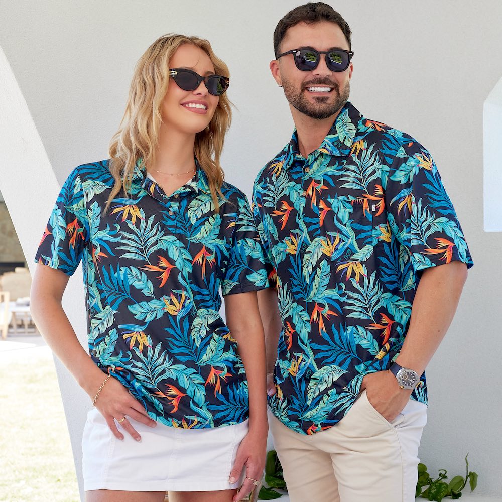 Swing your style into the green with this dynamic duo of Jungle Fever Golf Polo Shirts! Crafted with comfortable moisture wicking Birds Eye Mesh on a classic black base, you and your significant other can look and feel your best on the course!