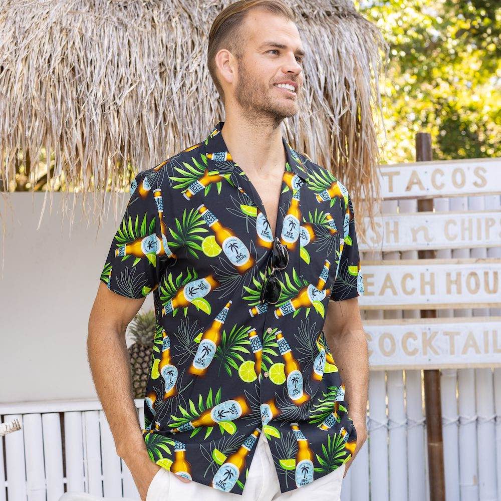 Enjoy your favourite beverage in style with this Happy Hour Men's Shirt! Crafted from a cotton and rayon blend, its bold design of beer bottles, limes, and leaves will have you living the high life. Get ready to raise a glass and cheers to your new favorite look!