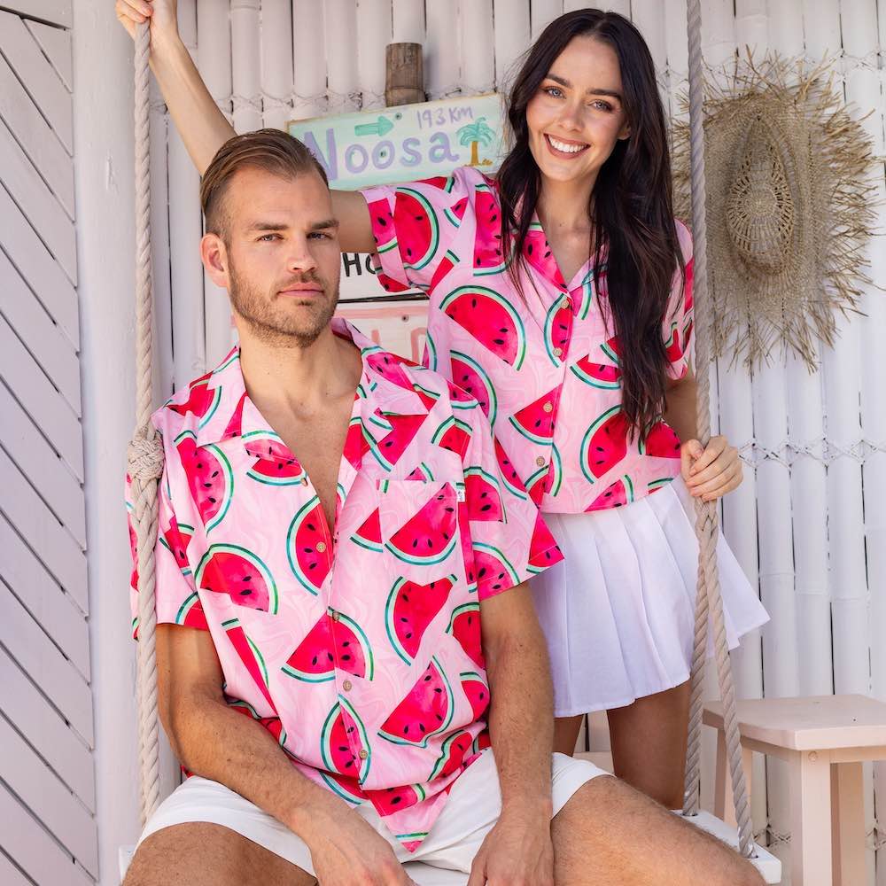 It's fruit for your wardrobe! Feel summery and sassy in this combo of a Mens Shirt and Womens Crop Shirt from Shake Ya Melons! Show off those pink watermelons at your next festival - you'll be the ripest one there! Don't forget to grab with the matching shorts and hat. Yum!