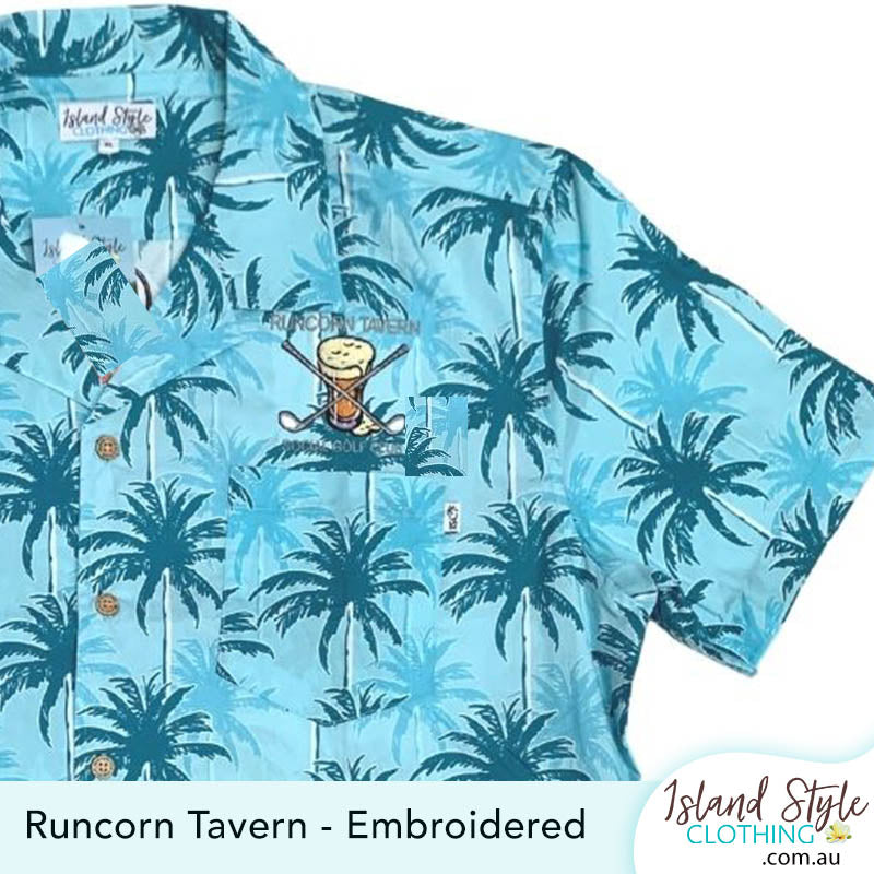 Runcorn Tavern Brisbane Logos on Custom Hawaiian Shirts for Hospitality Bar Staff Uniforms