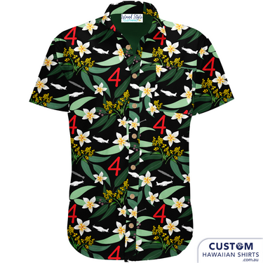 Squadron 4 RAAF - Custom Military Shirts. This is a super stylish and uniquely Aussie design. Featuring jets, frangipanis, gum leaves and flowers with a black base. Cotton Hawaiian Shirts Embossed coconut buttons
