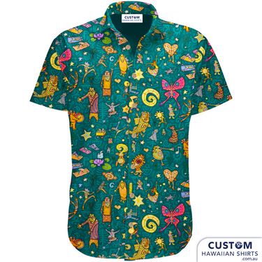 green hawaiian shirt with butterfly festival people starts and hearts