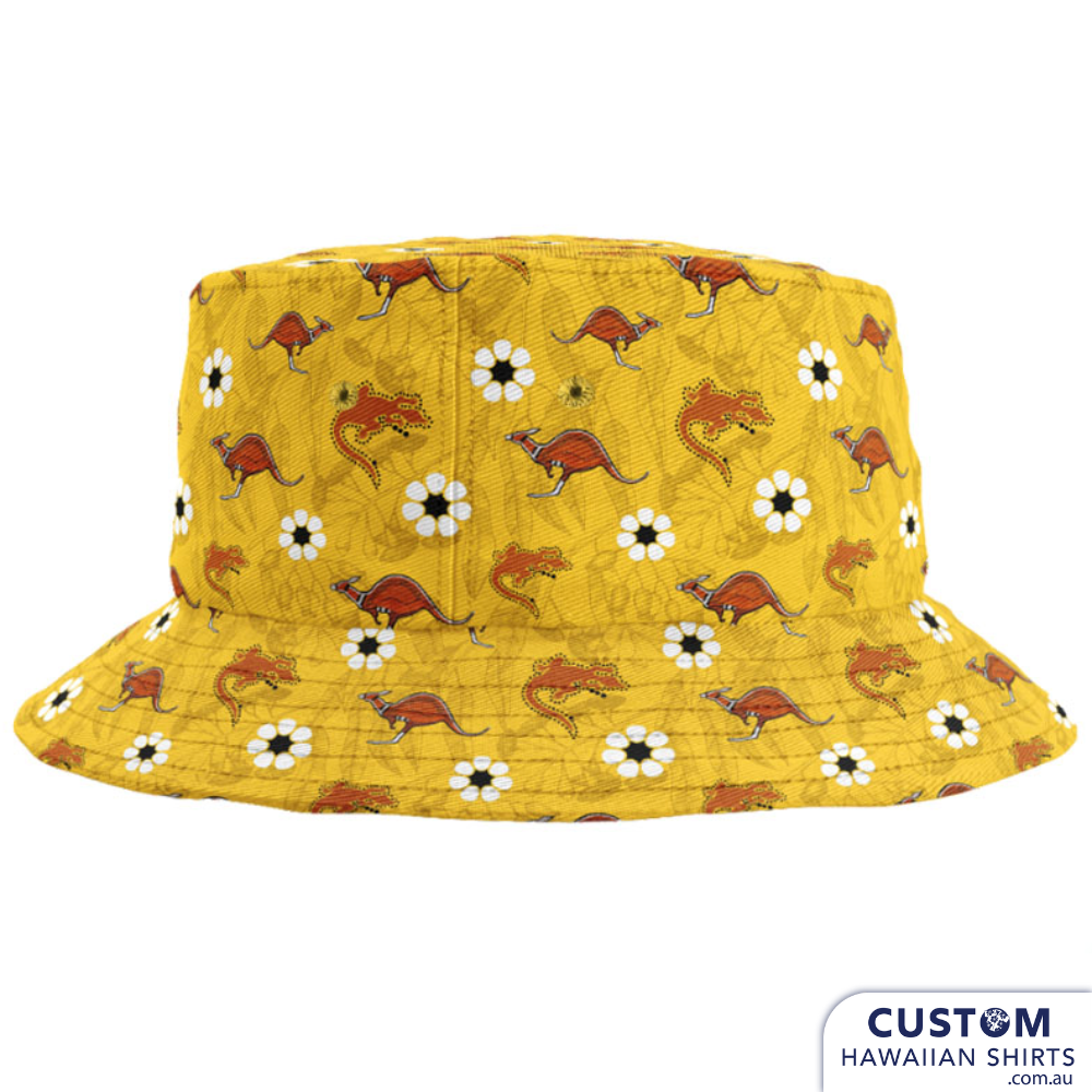 We designed these super cool bucket hats for HMAS Arunta, Australian Navy stationed in Darwin. They also have matching Hawaiian Shirts and Shorts. Featuring kangaroos, crocodiles and the Sturt's Desert Rose - the emblem of Northern Territory also features on their flag Custom Bucket Hats 100% Cotton Twill