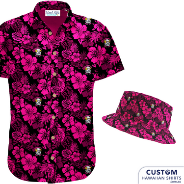 Snazzy new team uniforms Barossa Rams Rugby Club, SA. They wanted a floral design with their logo sprinkled throughout. We designed and made for them reversible Custom Bucket Hats to match Hawaiian Shirts. Hawaiian Shirts 100% Cotton Bucket Hats - Double sided - Floral print one side - plain the reverse