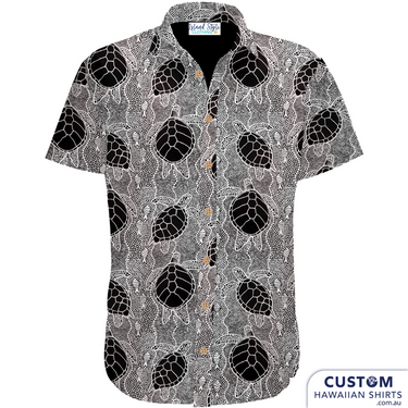 Customised Shirts made for Kuku Bulkaway Indigenous Art Gallery, Cooktown, FNQ. They paint stories they were taught as children about the local bush, food and animals. They supplied photos of their hand-painted art (original paintings you can view in our photo gallery). From there our clever design team created a seamless pattern and we turned them into wearable art on shirts and shorts. Deadly style! Main feature is Black & White Turtles