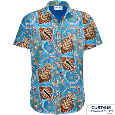 Customised Shirts made for Kuku Bulkaway Indigenous Art Gallery, Cooktown, FNQ. They paint stories they were taught as children about the local bush, food and animals. They supplied photos of their hand-painted art (original paintings you can view in our photo gallery). From there our clever design team created a seamless pattern and we turned them into wearable art on shirts and shorts. Deadly style! Main feature is Blue Stingrays