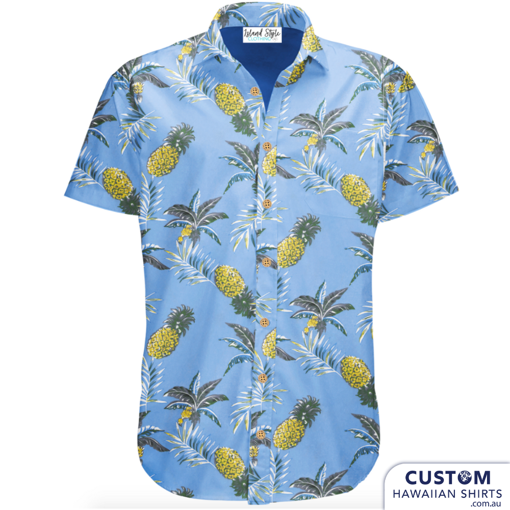 Bar and Hotel staff shirts custom-designed for Burleigh Heads Hotel. These hospitality uniforms feature pineapples and palms