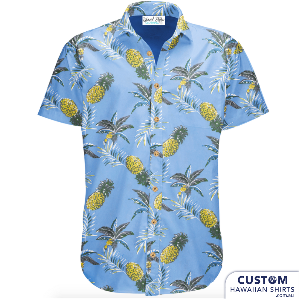 Oi, mate! Add some colossal cool to your clobber with a ripper personalized design. Meanwhile, in Australia… a cool custom design for Burleigh Heads Hotel on the Gold Coast, featuring pineapples and palms. Bar and Hotel staff uniforms. Custom Hawaiian Shirts 100% Soft Rayon.