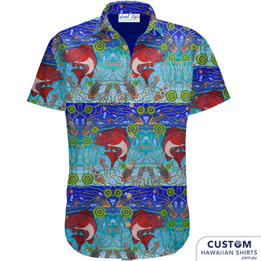 Customised Shirts made for Kuku Bulkaway Indigenous Art Gallery, Cooktown, FNQ. They paint stories they were taught as children about the local bush, food and animals. They supplied photos of their hand-painted art (original paintings you can view in our photo gallery). From there our clever design team created a seamless pattern and we turned them into wearable art on shirts and shorts. Deadly style!