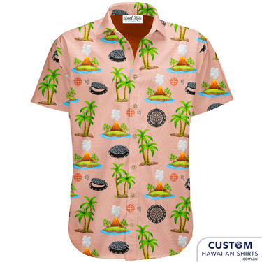 a peach hawaiian shirt with palm trees and manhole on it