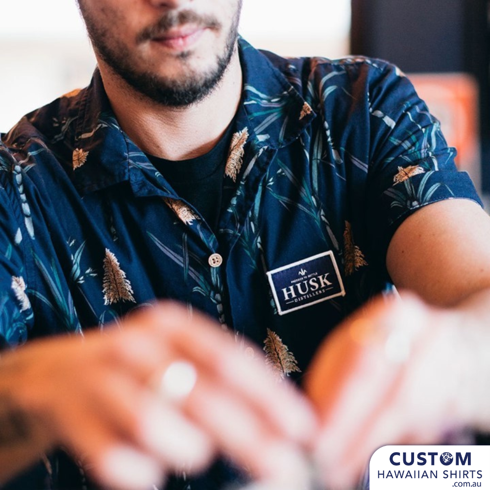 Custom Shirts highlighting a simple but stunning sugar cane in the design for Husk Distillery, Northern Rivers, NSW. If you are in the area please drop into their Cellar Door it's a wonderful venue and you can buy yourself one of these fab shirts. 100% Cotton Dark Navy and Beige base Coconut Buttons