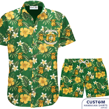 a green hawaiian shirt and shorts with yellow flowers