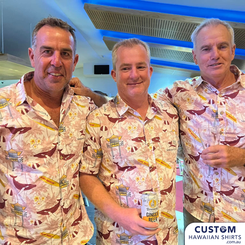 These cool custom face shirts were designed for the Tallebudgera Surf Life Saving Club. They feature whales, life saving tower, surf board with a background of frangipanis and palms. 'BETWEEN THE FLAGS' There is always something happening at the Tallebudgera Surf Club. They welcome visitors and members to enjoy a first-class meal at their oceanfront restaurant, have a cold drink at the air-conditioned bar, and use their extensive gaming facilities.