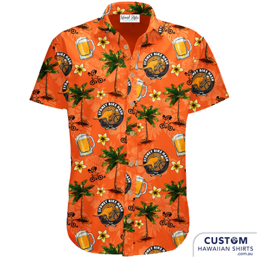 Sydney Bike Hash Harriers - Custom Sports Shirts. A fun design for this big group of friends with an orange base, their logo, palm trees and beer mugs. 100% Cotton Top Pocket Coconut Buttons