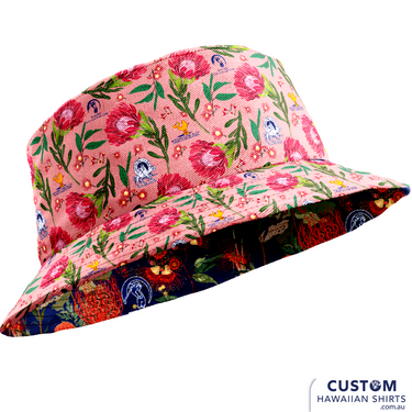 Bedourie Golf & Leisure Club geared up with some wicked personalised merch for their annual 'Camel and Pig Races' out west QLD. We designed and made for them reversible Custom Bucket Hats to match Hawaiian Shirts. Ridgey Didge best event festival merch. Designed with Australian botanicals.
