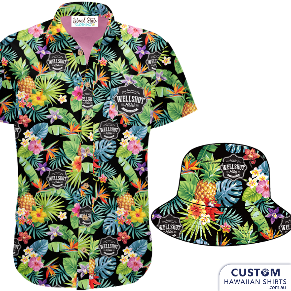 Between ewe and me and the gatepost, this is one handsome getup! These guys raised the 'Baaa' with this floral & fruity combo...Are ewe ready to level up your company culture? Wellshot Hotel in Ilfracombe, FNQ loving their Custom Hawaiian Shirts uniforms and Merch plus Bucket Hats 100% Cotton Twill Matches.