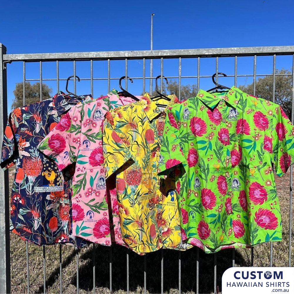 Bedourie Golf & Leisure Club in country Queensland geared up for their annual 'Camel and Pig Races' out west QLD. We designed and made for them reversible Custom Bucket Hats to match Custom Hawaiian Shirts.