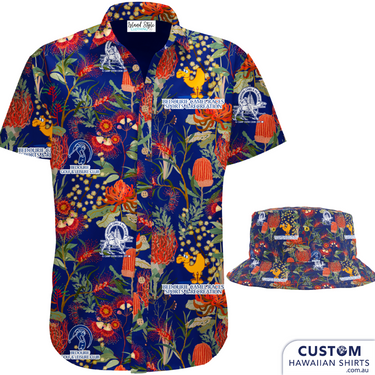 Bedourie Golf & Leisure Club in country Queensland geared up for their annual 'Camel and Pig Races' out west QLD. We designed and made for them reversible Custom Bucket Hats to match Hawaiian Shirts. Ridgey Didge this is the best event festival merch. Designed with beautiful Australian botanicals. 100% Cotton Twill 4 versions - Pink, Green, Yellow & Navy Blue Double sided Bucket Hat- Pink one side - Navy blue the other