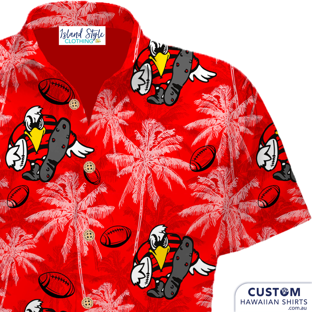 a red hawaiian shirt with a picture of a football player on it
