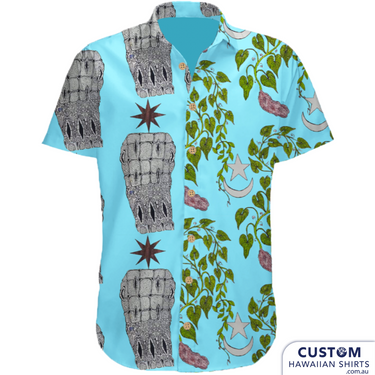 Customised Shirts made for a client in Daucan Island, Far North Queensland for her son's shaving ceremony. She hand-drew all the elements and we put them together on 3 different shirts. Deadly style! 100% Rayon Hawaiian Shirts