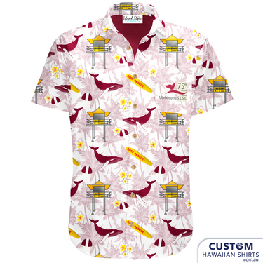 These cool custom face shirts were designed for the Tallebudgera Surf Life Saving Club. They feature whales, life saving tower, surf board with a background of frangipanis and palms. 'BETWEEN THE FLAGS' There is always something happening at the Tallebudgera Surf Club. They welcome visitors and members to enjoy a first-class meal at their oceanfront restaurant, have a cold drink at the air-conditioned bar, and use their extensive gaming facilities.