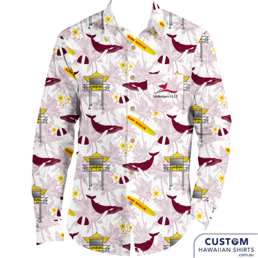 Tallebudgera Surf Life Saving Club on the Gold Coast wanted some long-sleeve cotton shirts also for custom uniforms, same design as the short-sleeve Hawaiian shirt just with extra sun cover. Design features whales, life saving tower, surf board with a background of frangipanis and palms. 100% soft rayon Chest pocket Coconut buttons