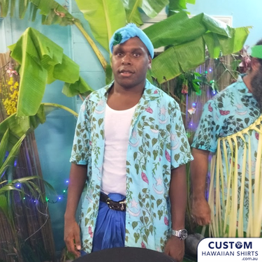 Customised Shirts made for a client in Daucan Island, Torres Strait Far North Queensland for her son's shaving ceremony. She hand-drew all the elements and we put them together on 3 different shirts. Deadly style! Main feature is wild yams 100% Rayon Mens Ceremony Shirts