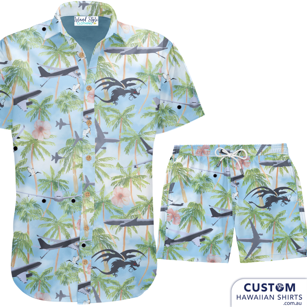 Hey Sailor! A custom shirt from Island Style Clothing blows the competition out of the water! Proud to supply some custom team uniforms to 33 SQD, RAAF Base Amberley, QLD - Custom Aussie Military Shirts & Shorts. Cool design on this one with a sky blue Sky base, with a tropical palm trees pattern
