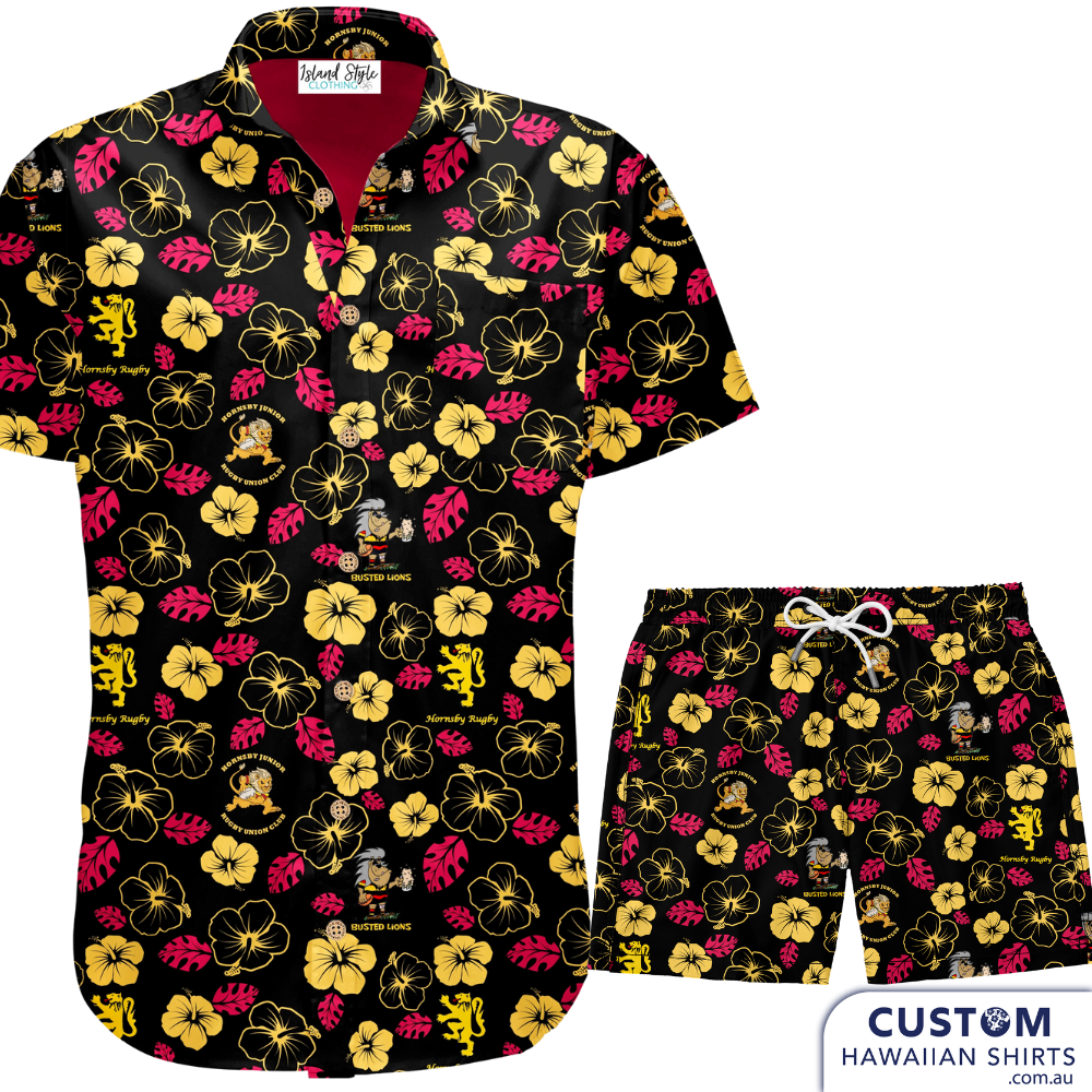 An inclusive style solution for an inclusive sport - whether your game is womens, mens or junior footy, we can help you bring the club together with matching clobber. Hornsby Rugby Club 'Busted Lions'. Customised Uniforms Hawaiian Shirts & Shorts Mens, Ladies & Kids 