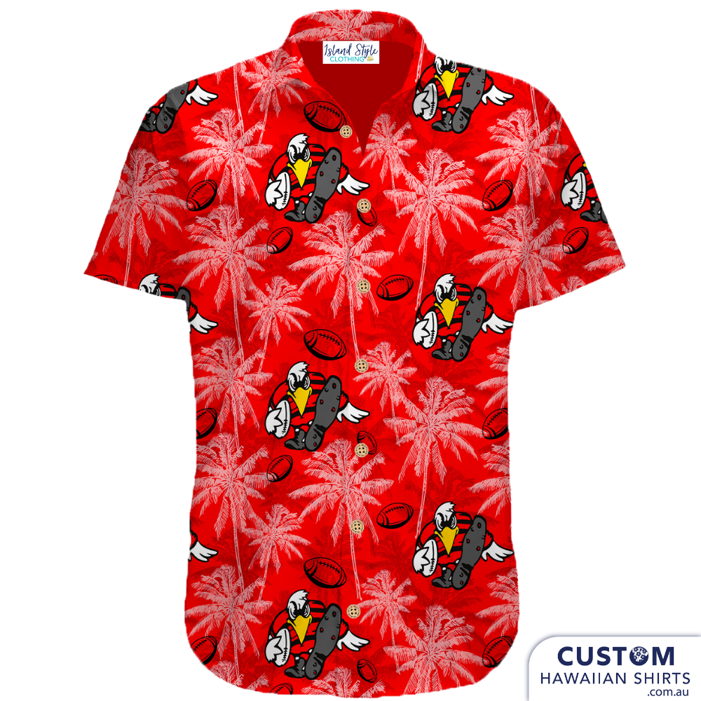 a red hawaiian shirt with a bird on it